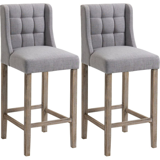 Modern Bar Stools, Tufted Upholstered Barstools, Pub Chairs with Back, Rubber Wood Legs for Kitchen, Dining Room, Set of 2, Grey