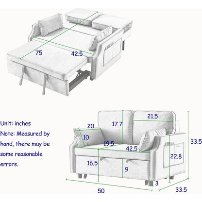 50" Velvet Upholstered Sleeper Sofa bed with Side Storage Pockets, Nailhead Design, 2-Seater Sofa with 2 Pillows and removeable Backrest Pull-out Sofa Bed for Small Spaces in Living Rooms