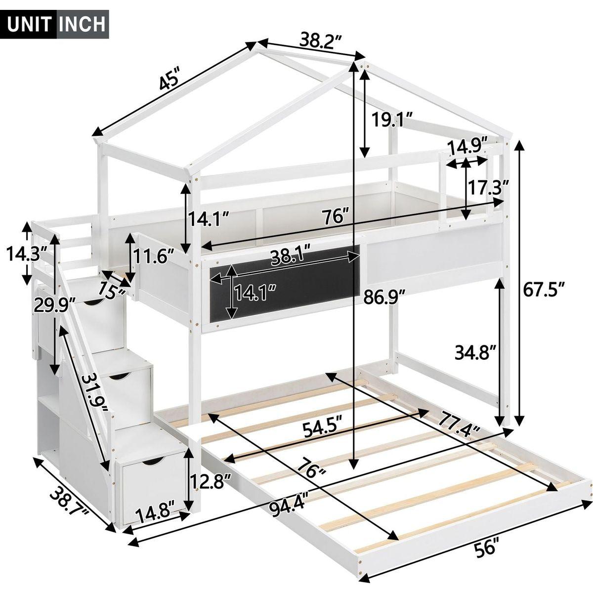 Twin over Full House Bunk Bed with Storage Staircase and Blackboard,White