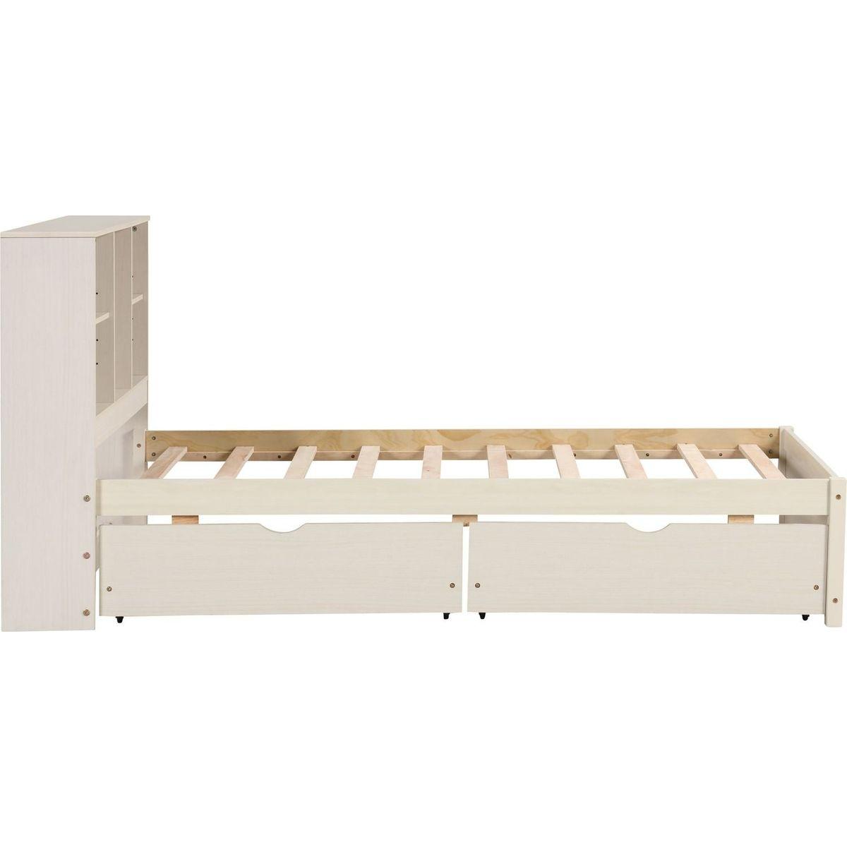 Modern Twin Size Bed Frame With Built-in USB Port on Bookcase Headboard and 2 Drawers for White Washed Color