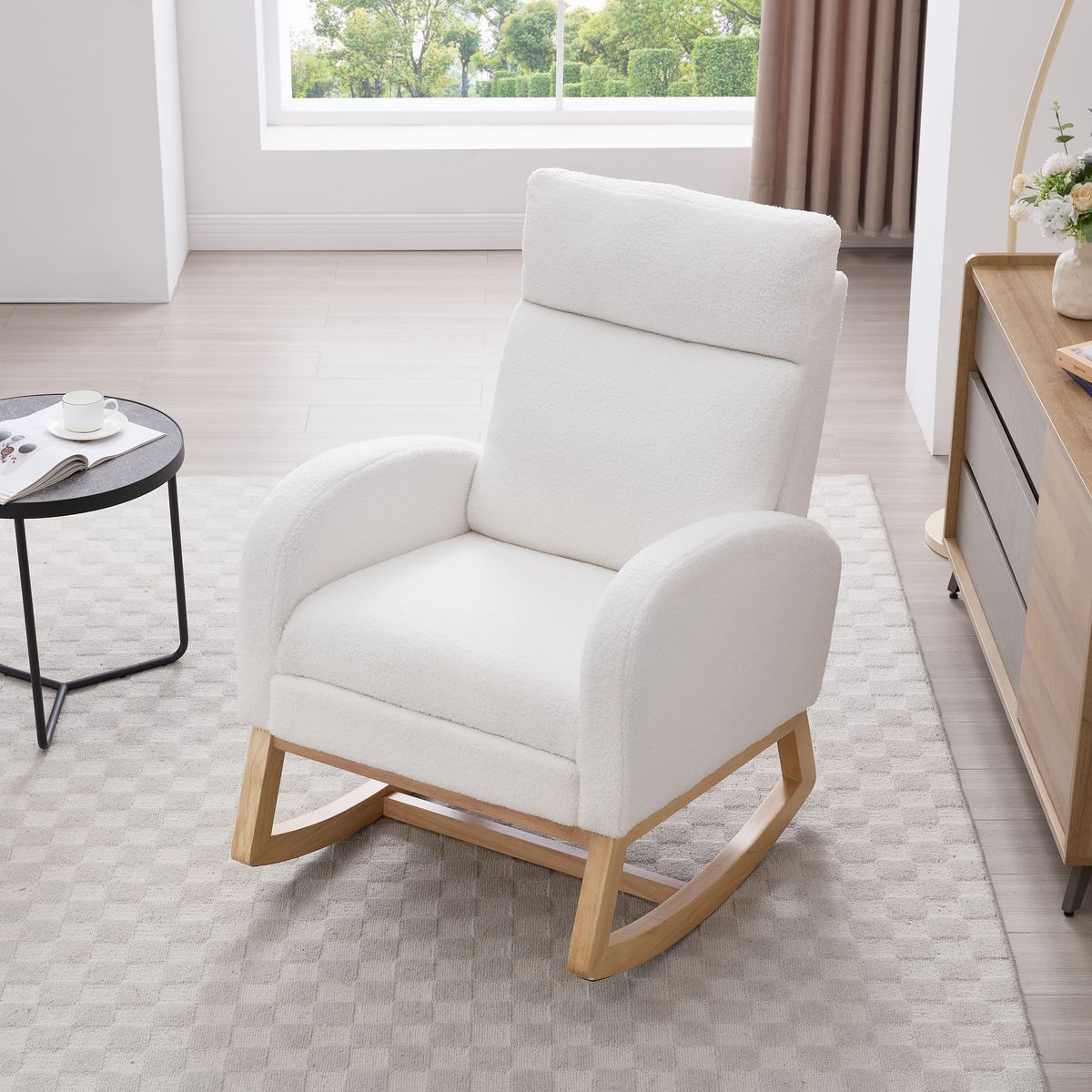 015B-Teddy Fabric Leisure Rocking Chair,Nursery Rocking Chair With Adjustable Footstool,Thickened Headrest And High Backrest, Storage Pocket On The Right Side,The Base Rocker Is Solid Wood,White