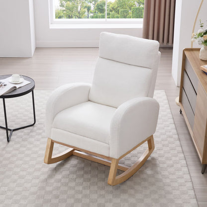 015B-Teddy Fabric Leisure Rocking Chair,Nursery Rocking Chair With Adjustable Footstool,Thickened Headrest And High Backrest, Storage Pocket On The Right Side,The Base Rocker Is Solid Wood,White