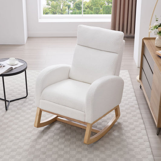 015B-Teddy Fabric Leisure Rocking Chair,Nursery Rocking Chair With Adjustable Footstool,Thickened Headrest And High Backrest, Storage Pocket On The Right Side,The Base Rocker Is Solid Wood,White