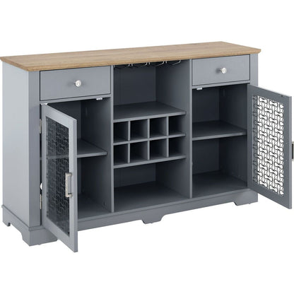 Modern Farmhouse Buffet Cabinet, Sideboard with 2 Drawers and Elegant Glass Door Cabinets, Wine and Glass Rack, Coffee Bar for Kitchen, Dining Room, Light Blue and Light Oak, 56.46"Wx15.55"Dx35.74"H