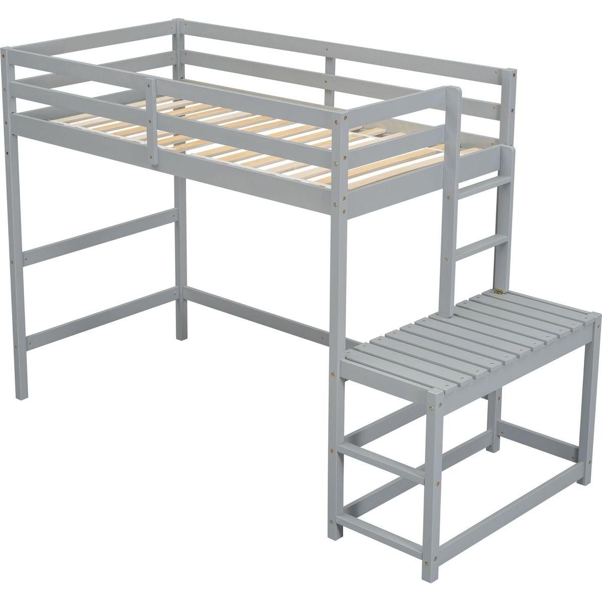 Twin High Loft Bed with Ladder landing Platform, Ladders, Guardrails,Grey