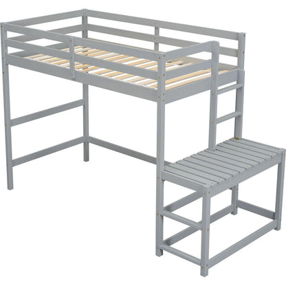 Twin High Loft Bed with Ladder landing Platform, Ladders, Guardrails,Grey