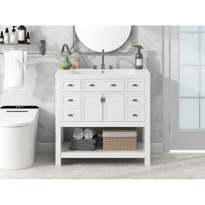 36" Bathroom Vanity with Top Sink, Modern Bathroom Storage Cabinet with 2 Soft Closing Doors and 6 Drawers, Single Sink Bathroom Vanity