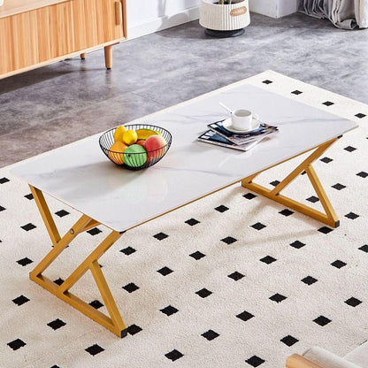 A modern minimalist style white marble patterned coffee table with golden metal legs. Computer desk. Game table. Tea table. CT-XX