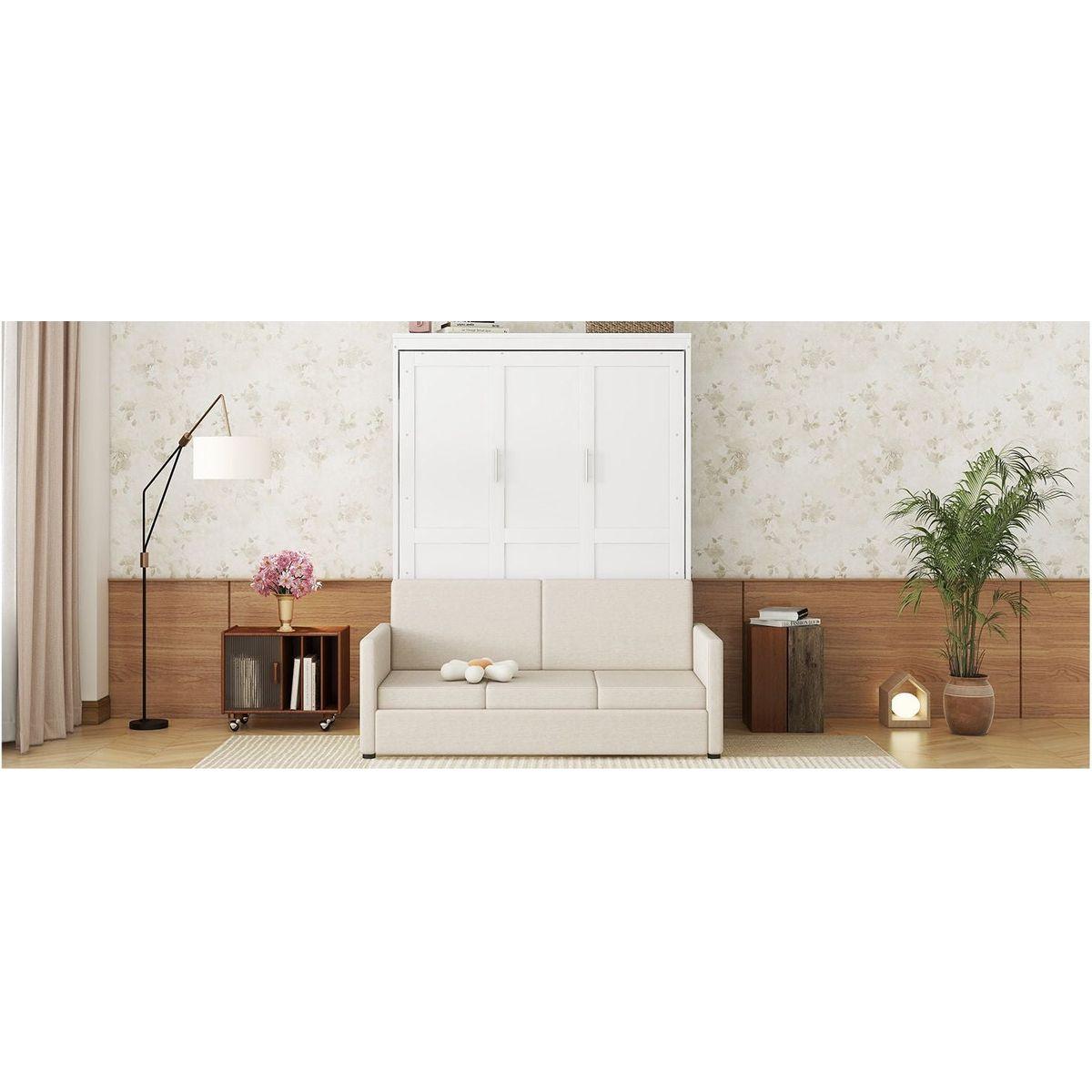 Queen Size Murphy Bed Wall Bed with Cushion, White