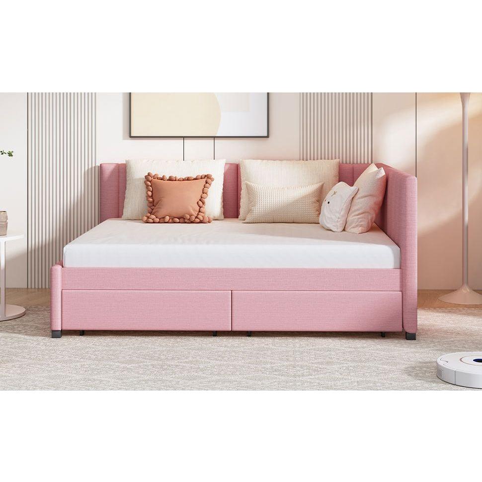 Full Size Upholstered Daybed with 2 Storage Drawers Sofa Bed Frame No Box Spring Needed, Linen Fabric (Pink)