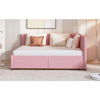 Full Size Upholstered Daybed with 2 Storage Drawers Sofa Bed Frame No Box Spring Needed, Linen Fabric (Pink)