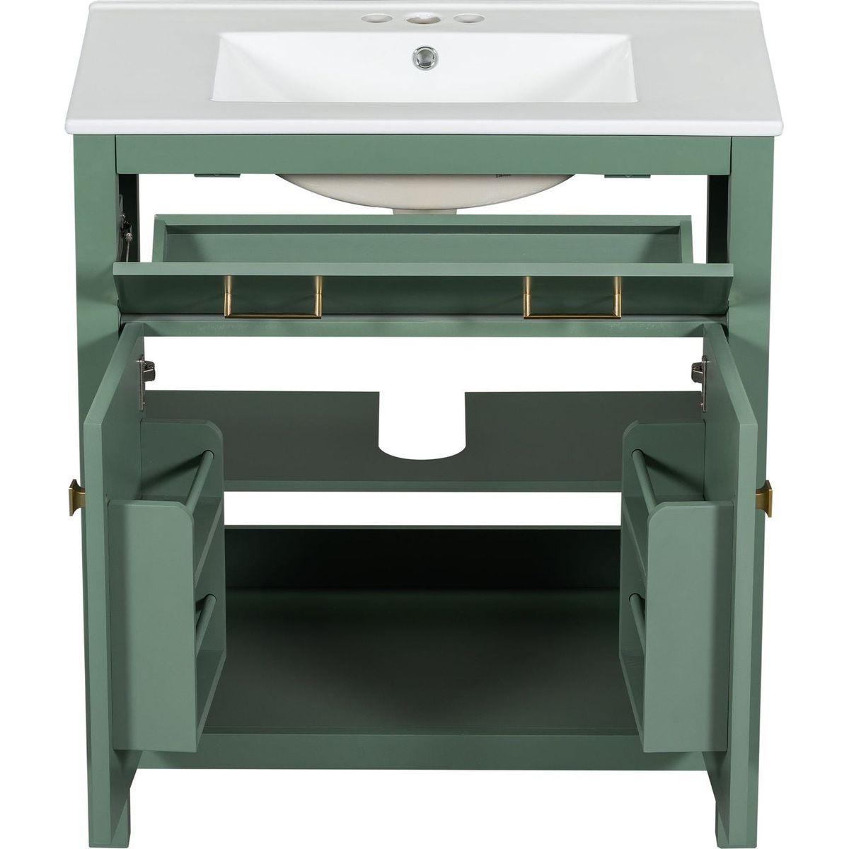 30-inch Bathroom Vanity with Ceramic Sink, Modern Green Single Bathroom Cabinet with 2 Doors and a Shelf, Soft Close Doors