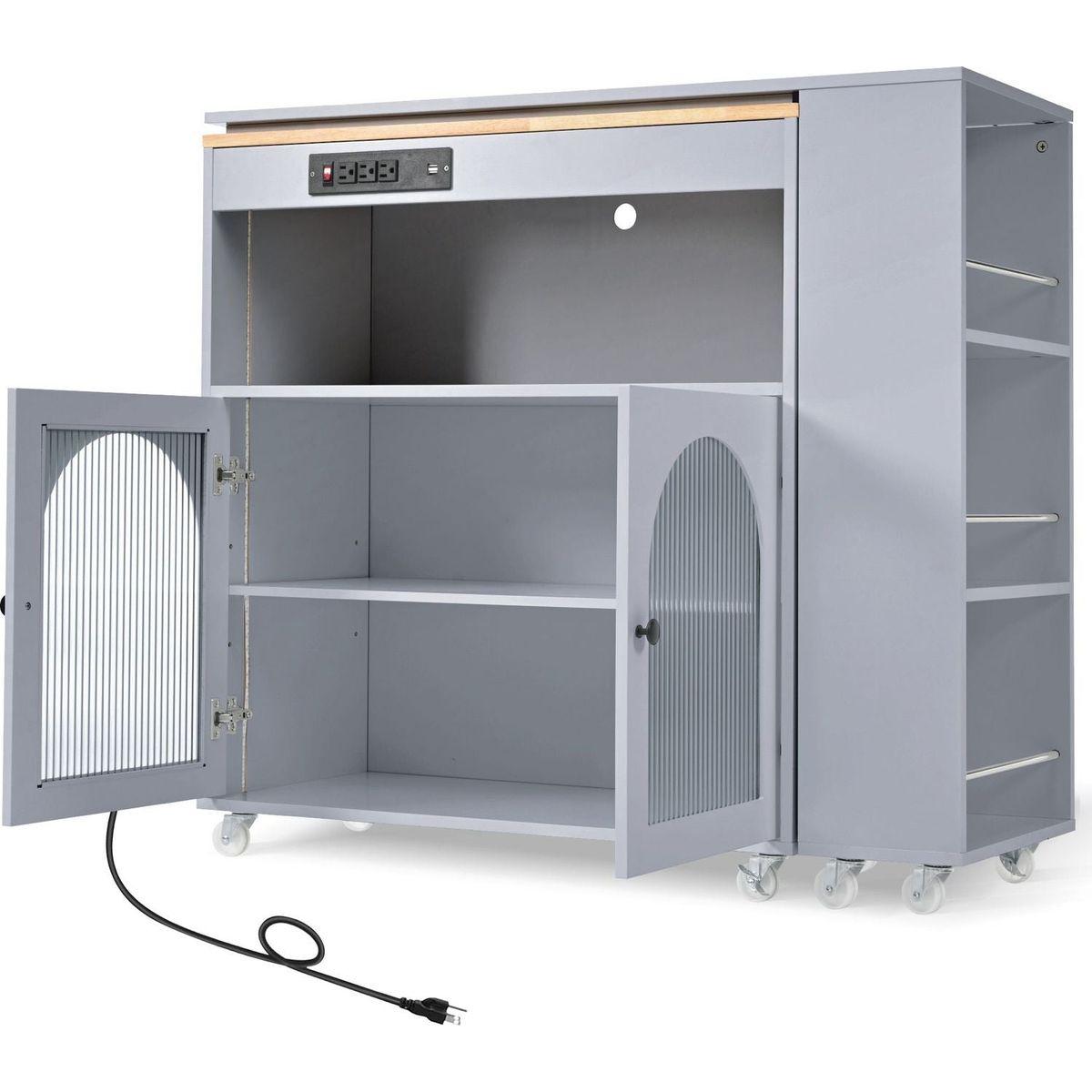 Rolling Kitchen Island With Movable Extended Table, Kitchen Cabinet on Wheels with Power Outlets and 2 Fluted Glass Doors, Kitchen Island with a Storage Compartment and Side 3 Open Shelves, Grey