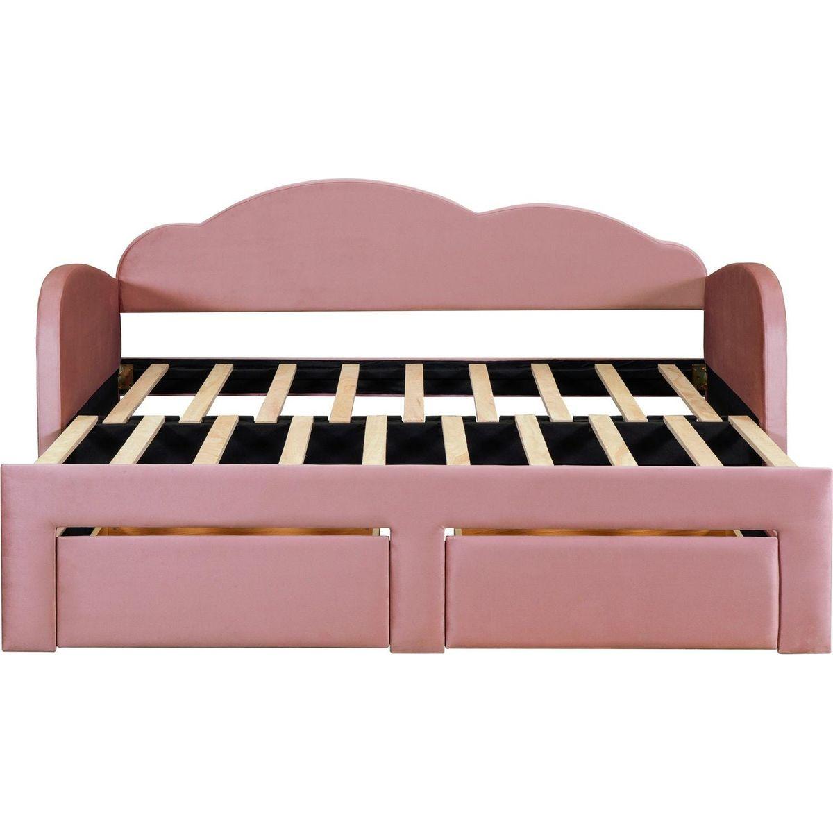 Twin Size Upholstered daybed with Cloud-Shaped Backrest, Trundle & 2 Drawers and USB Ports, Pink