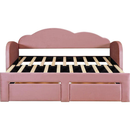 Twin Size Upholstered daybed with Cloud-Shaped Backrest, Trundle & 2 Drawers and USB Ports, Pink