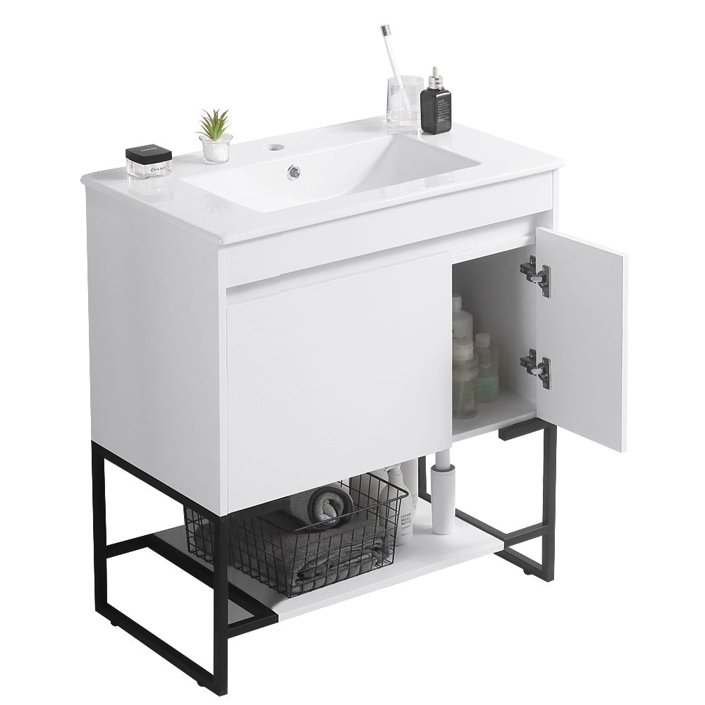 30" Bathroom Vanity with Sink,Bathroom Vanity Cabinet with One Soft Close Cabinet Doors & soft-close Drawers,Bathroom Storage Cabinet with a Lower Open Shelf,with Metal Legs,White Ceramic Sink,White