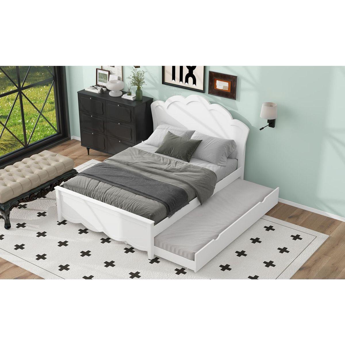 Full Size Wood Platform Bed with Headboard and Twin Size Trundle, White - Streamdale Furniture