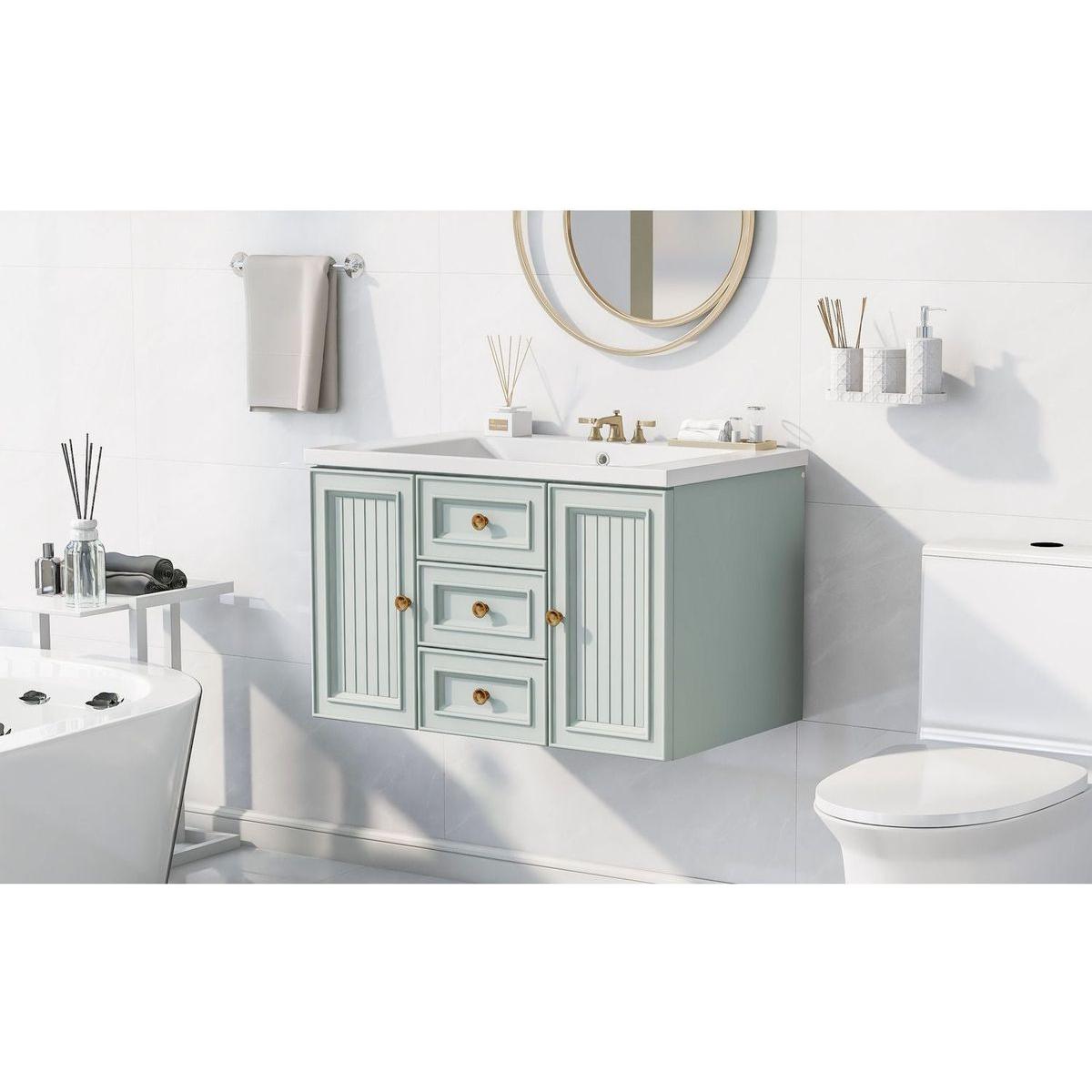 30" Wall Mounted Bathroom Vanity with Sink Combo, Functional Drawer, Solid Wood & MDF Board & Ceramic, Green