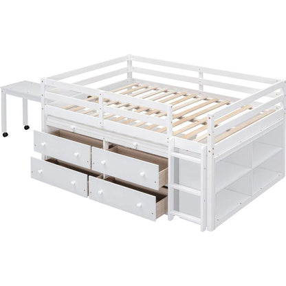 Full Size Loft Bed with Retractable Writing Desk and 4 Drawers, Wooden Loft Bed with Lateral Portable Desk and Shelves, White