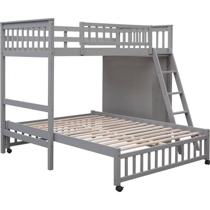 Wooden Twin Over Full Bunk Bed With Six Drawers And Flexible Shelves,Bottom Bed With Wheels,Gray