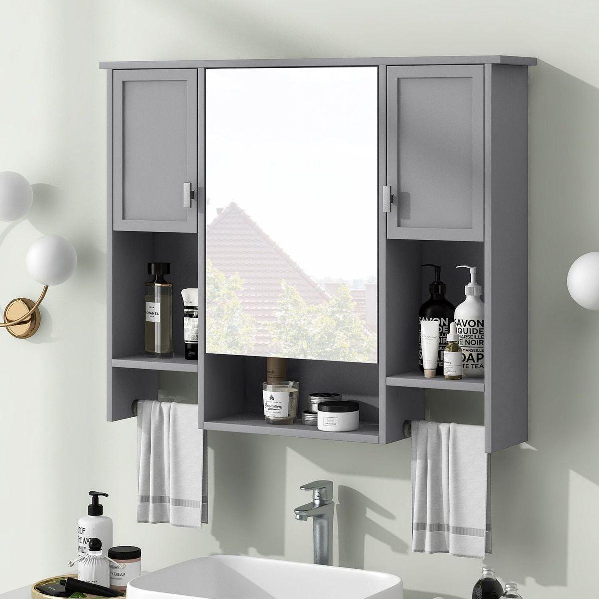 35" x 28" Modern Wall Mounted Bathroom Storage Cabinet, Bathroom Wall Cabinet with Mirror, Medicine Cabinet with Towels Bar