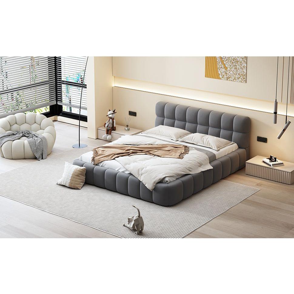 Queen Size Upholstered Platform Bed with Thick Fabric, Grounded Bed with Solid Frame, Gray