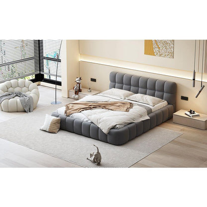 Queen Size Upholstered Platform Bed with Thick Fabric, Grounded Bed with Solid Frame, Gray