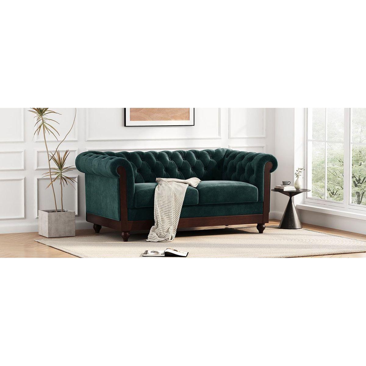 VIVALUX 59.44" Chesterfield Velvet Loveseat Sofa,2-Person Rolled Arm Dutch Plush Upholstered Sofa Couch with Tufted Button for Living Room, Bedroom, Small Places,Forest Green