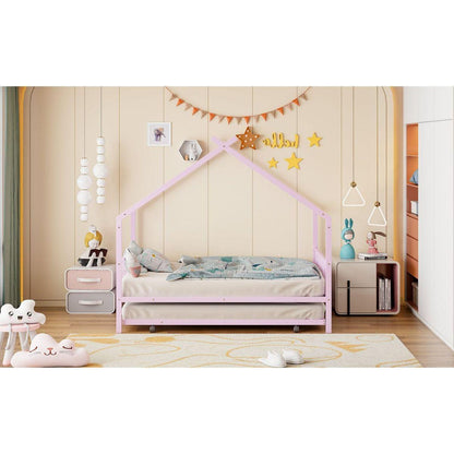 Full Size Metal House Bed with Twin Size Trundle, Pink
