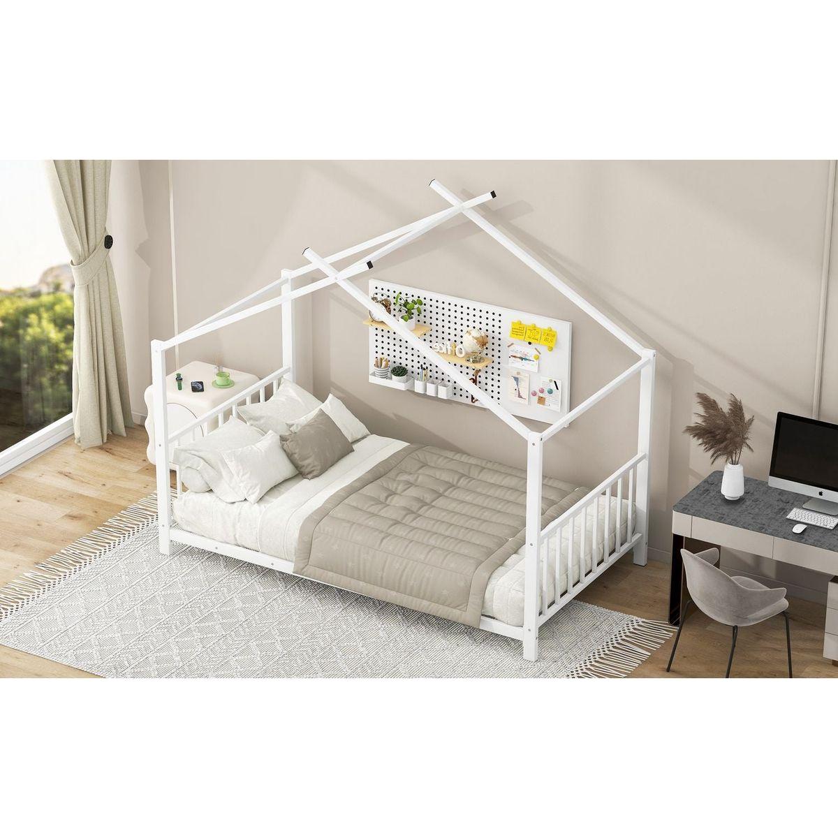 Twin Size Metal House Platform Bed, White