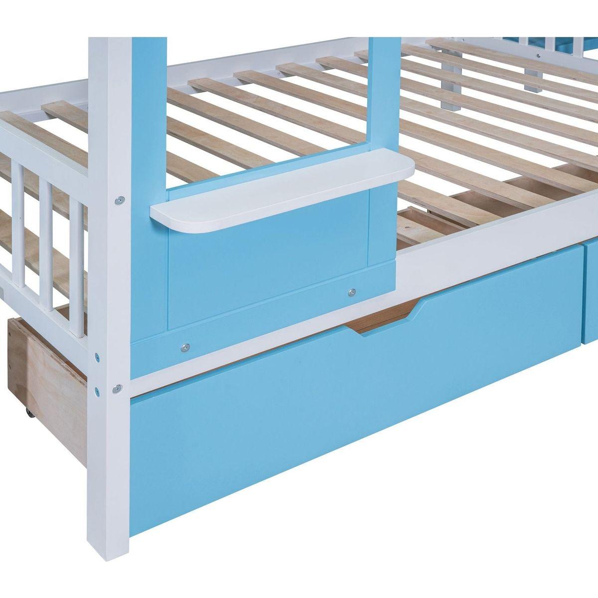 Full-Over-Full Castle Style Bunk Bed with 2 Drawers 3 Shelves and Slide - Blue
