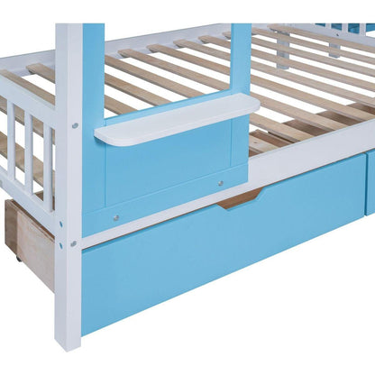 Full-Over-Full Castle Style Bunk Bed with 2 Drawers 3 Shelves and Slide - Blue