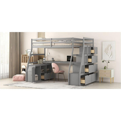 Twin Size Loft Bed with 7 Drawers 2 Shelves and Desk - Gray