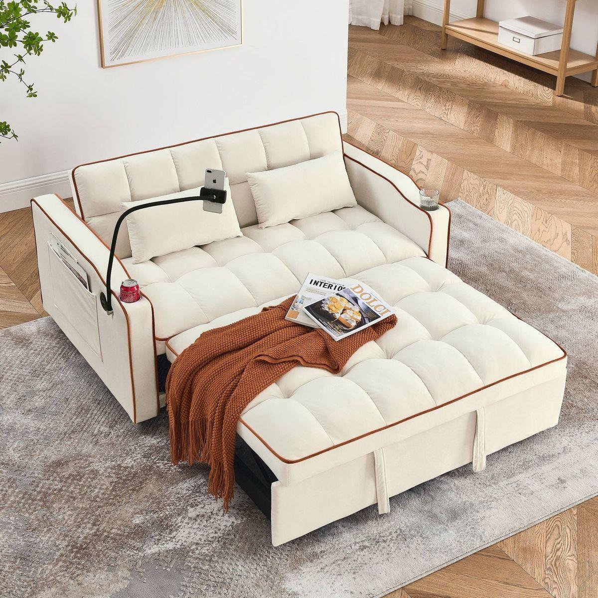 55.51 inch versatile foldable sofa bed in 3 lengths, modern sofa sofa sofa velvet pull-out bed, adjustable back and with USB port and ashtray and swivel phone stand (Beige)