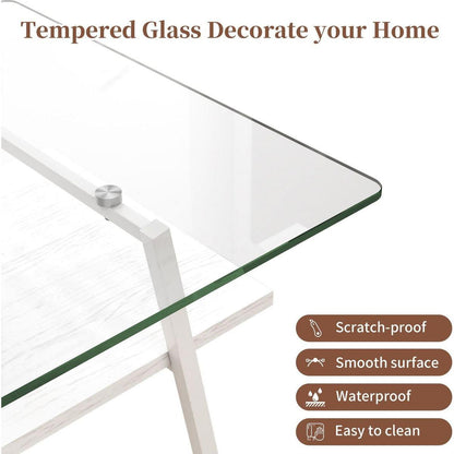 Rectangle Coffee Table, Tempered Glass Tabletop with White Metal Legs, Modern Table for Living Room, Transparent Glass