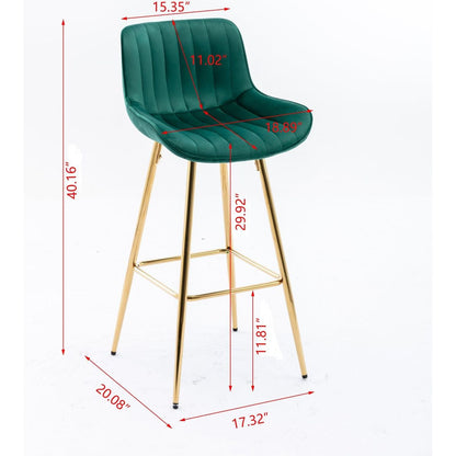 30 inch Set of 2 Bar Stools,with Chrome Footrest Velvet Fabric Counter Stool Golden Leg Simple High Bar Stool,GREEN