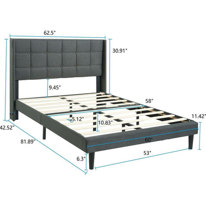 Queen Size Upholstered Platform Bed Frame with Modern Button Tufted Linen Fabric Headboard, No Box Spring Needed, Wood Slat Support, Easy Assembly, Drak Grey