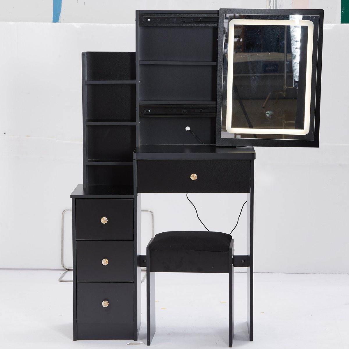 Small Size Left Bedside Cabinet Vanity Table + Cushioned Stool, Touch Control Sliding LED Mirror, Tri-color Switching, Brightness Adjust, Multi Layer, Suitable for Small Space, EPA,GCC,UL Certificate