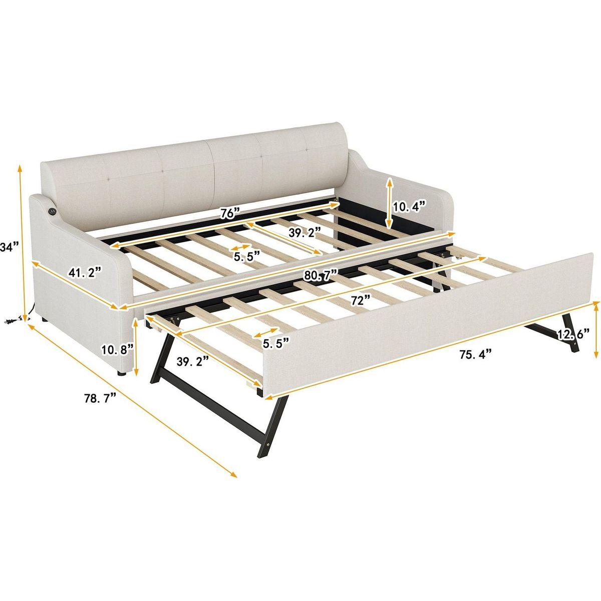 Twin Size Upholstery Daybed with Trundle and USB Charging Design,Trundle can be flat or erected,Beige