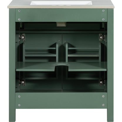 30-inch Bathroom Vanity with Ceramic Sink, Modern Green Single Bathroom Cabinet with 2 Doors and a Shelf, Soft Close Doors