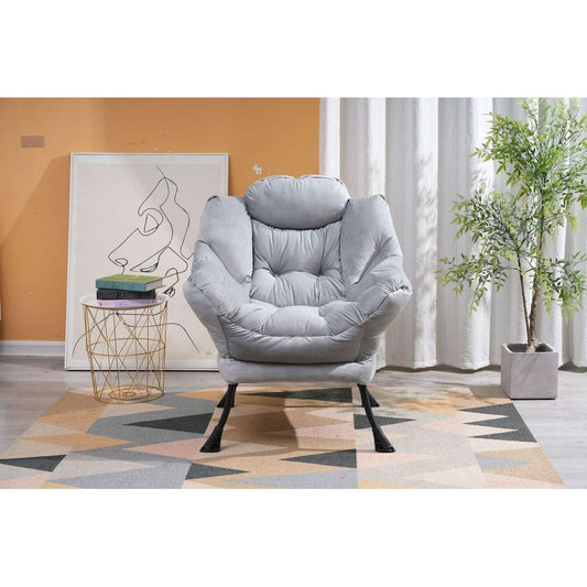 Living Room Chairs Modern Cotton Fabric Lazy Chair, Accent Contemporary Lounge Chair, Single Steel Frame Leisure Sofa Chair with Armrests and A Side Pocket (Light Gray02)