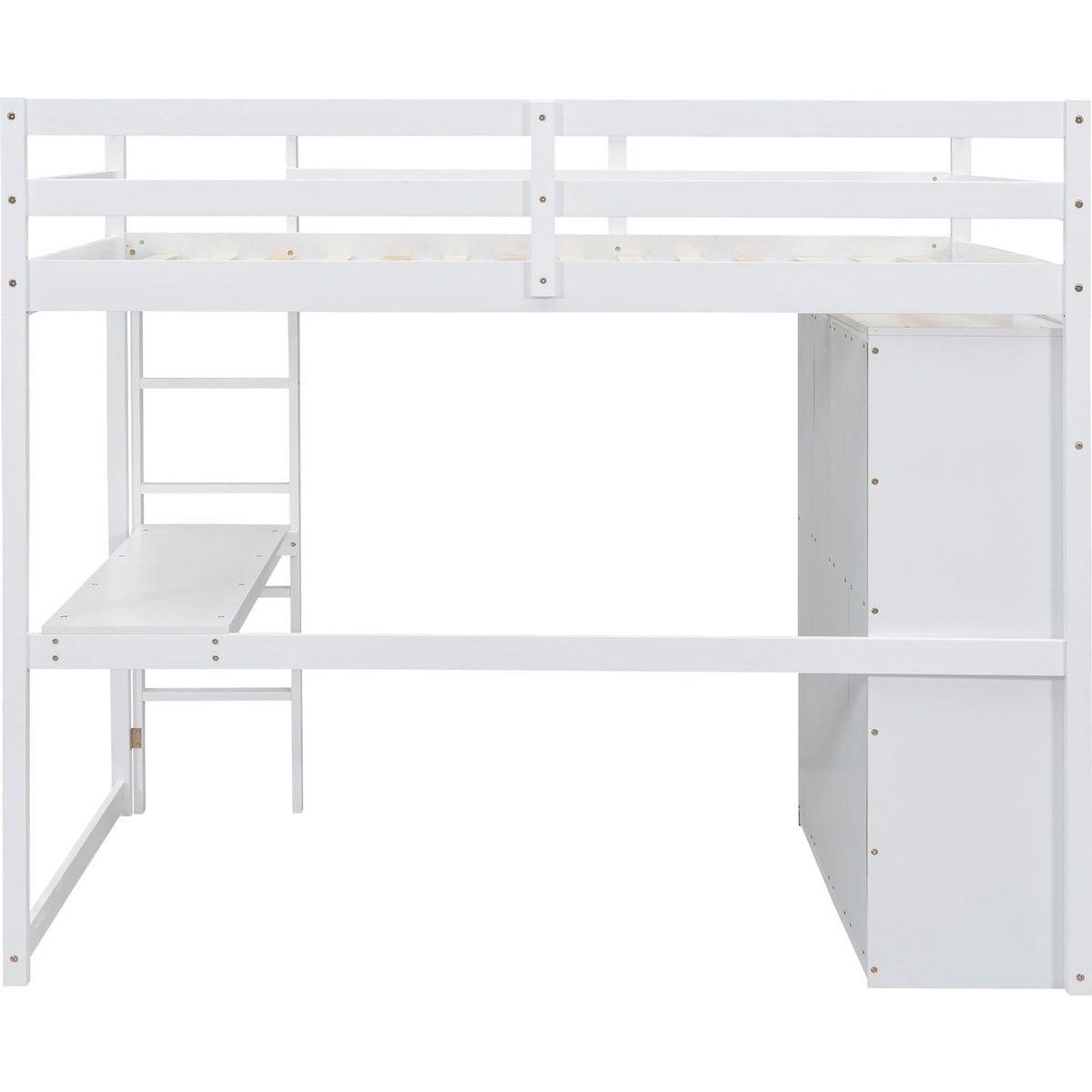 Wood Full Size Loft Bed with Built-in Wardrobe, Desk, Storage Shelves and Drawers, White