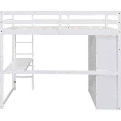Wood Full Size Loft Bed with Built-in Wardrobe, Desk, Storage Shelves and Drawers, White