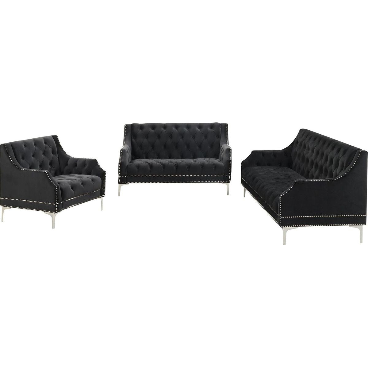 Modern three-piece sofa set with metal legs, buttoned tufted backrest, frosted velvet upholstered sofa set including three-seater sofa, double seater and living room furniture set Single chair