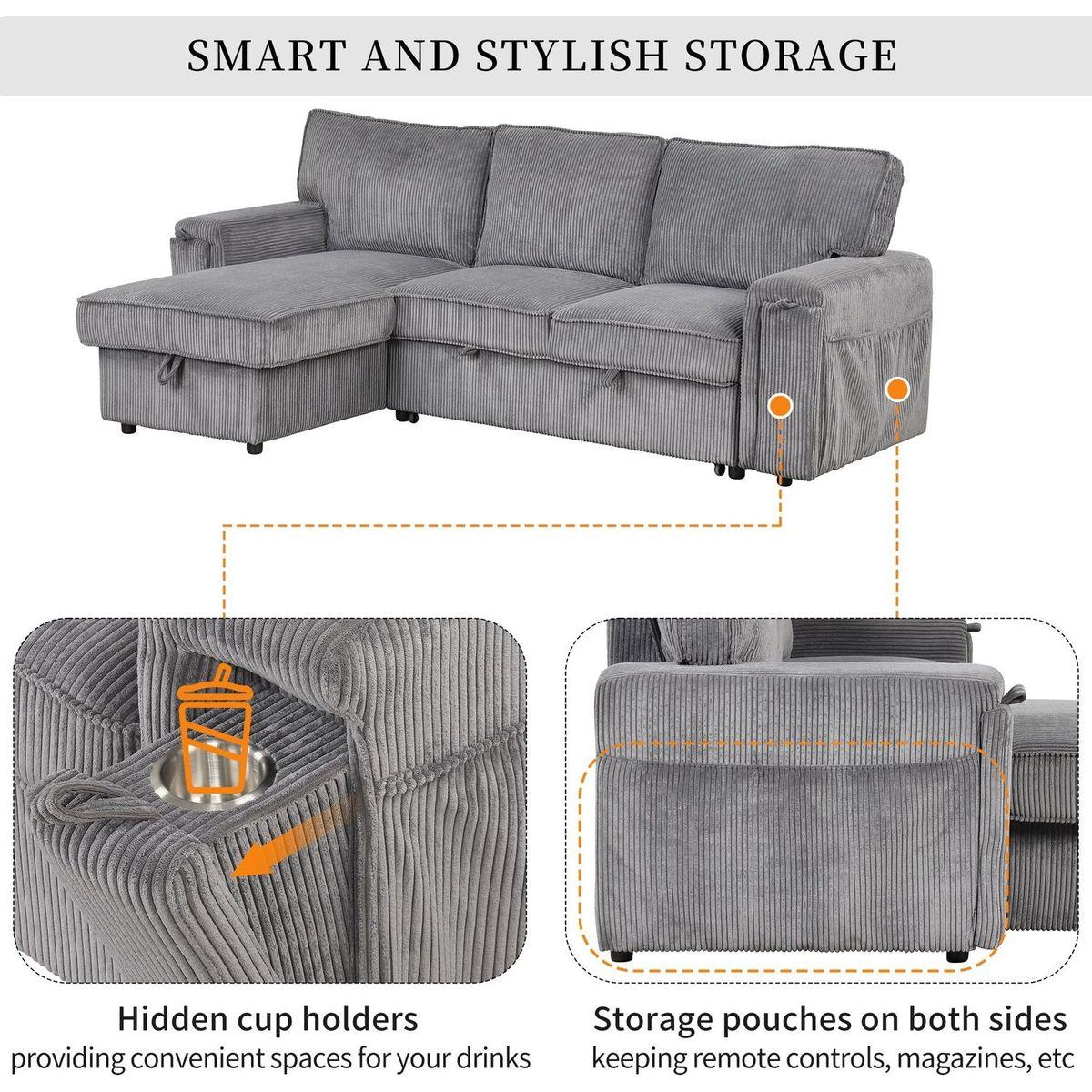 Upholstery Sleeper Sectional Sofa with Storage Bags and 2 cup holders on Arms