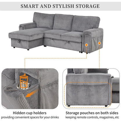 Upholstery Sleeper Sectional Sofa with Storage Bags and 2 cup holders on Arms