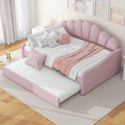 Full Size Upholstery Daybed Frame with Shall Shaped Backrest and Trundle,Pink