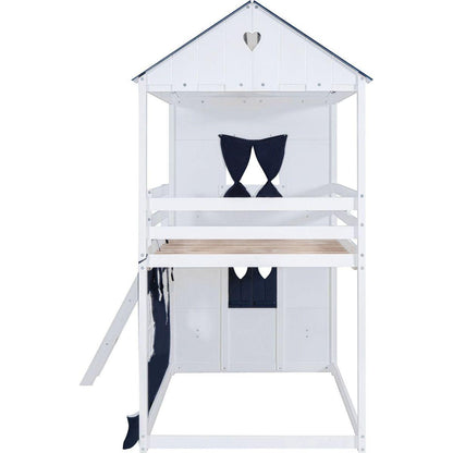 Twin Size Bunk Wood House Bed with Elegant Windows, Sills and Tent, Blue+White