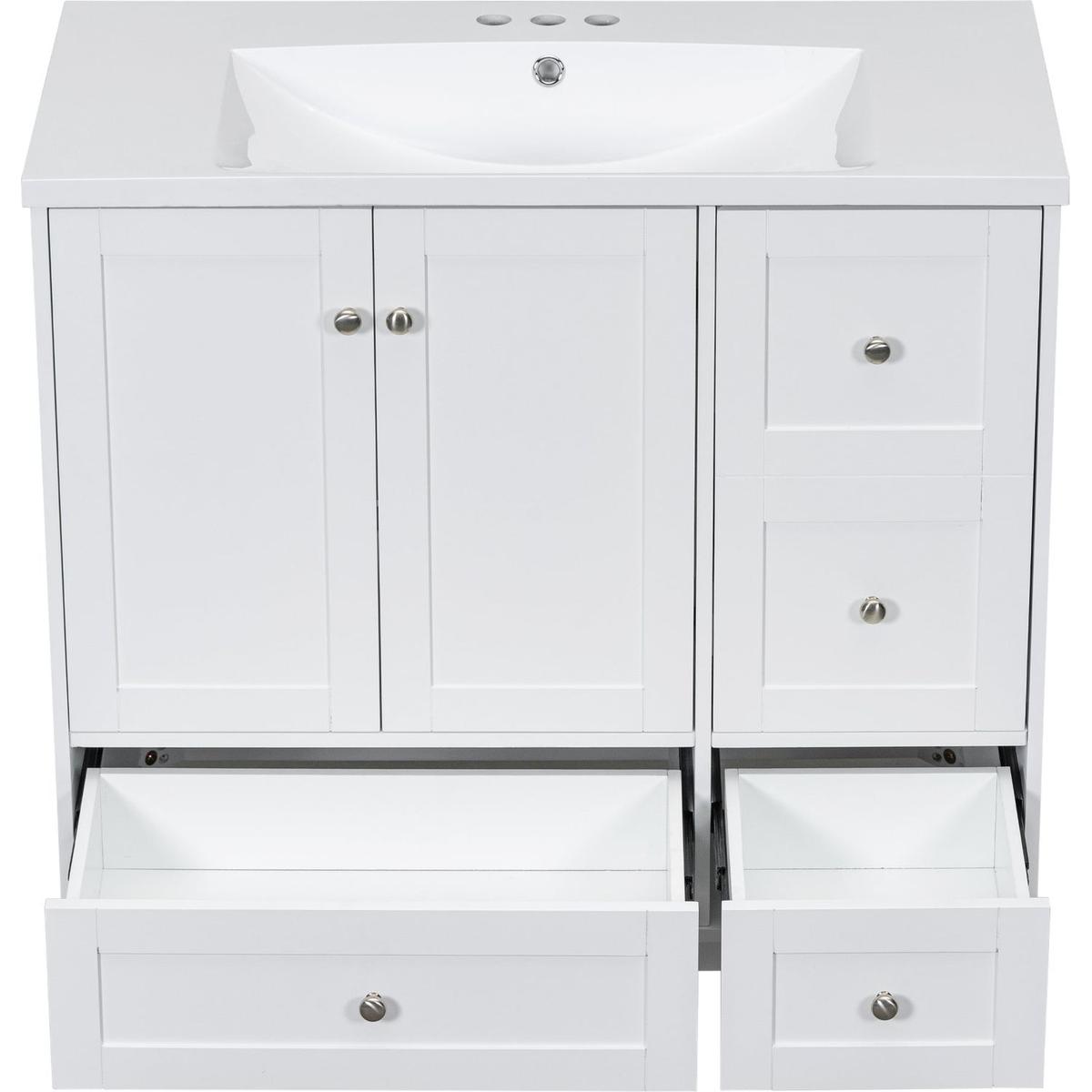 36 Inch Modern Bathroom Vanity with USB Charging, Two Doors and Three Drawers Bathroom Storage Vanity Cabinet, Small Bathroom Vanity cabinet with single sink, White & Gray Blue - Faucets Not Included