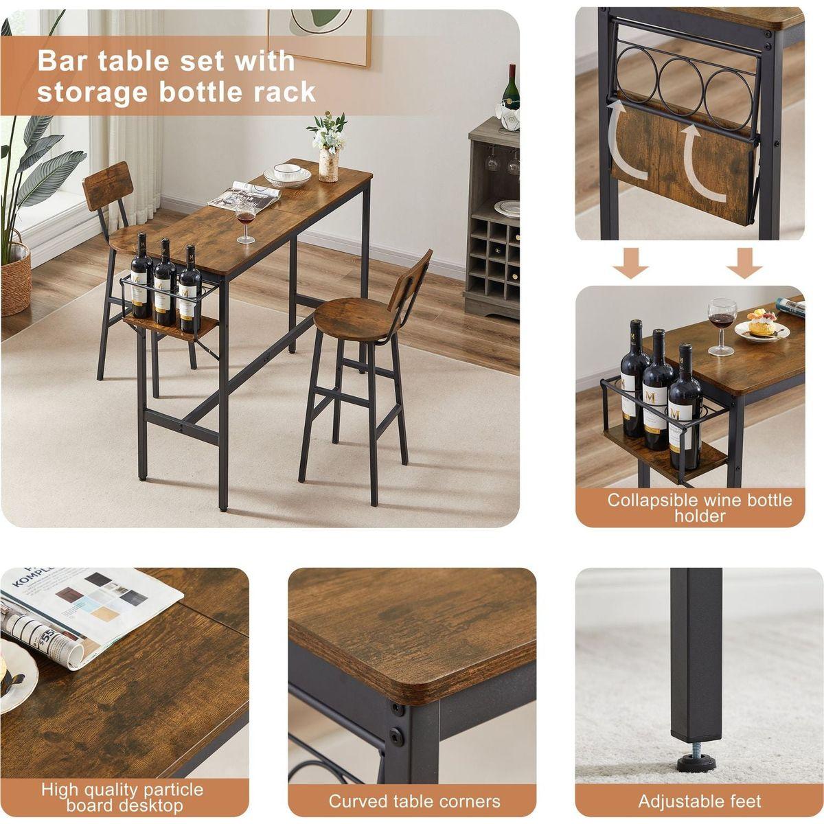Bar Table Set with wine bottle storage rack. Rustic Brown, 47.24" L x 15.75" W x 35.43" H.